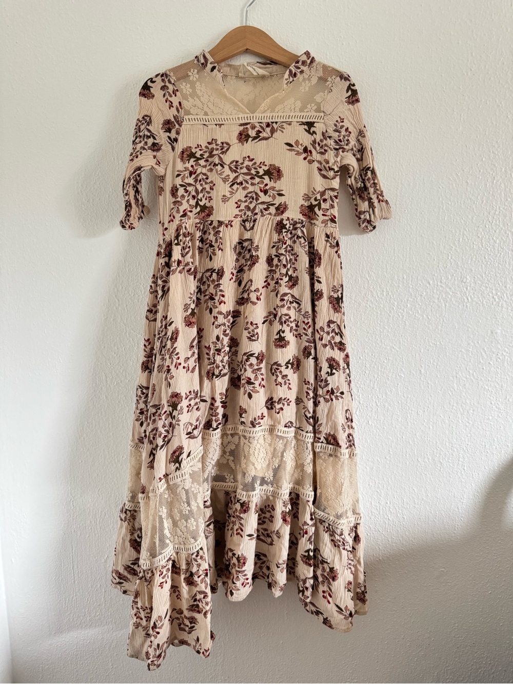 Joyfolie Boho Floral Lace-Trim Midi Dress in Cream and Burgundy